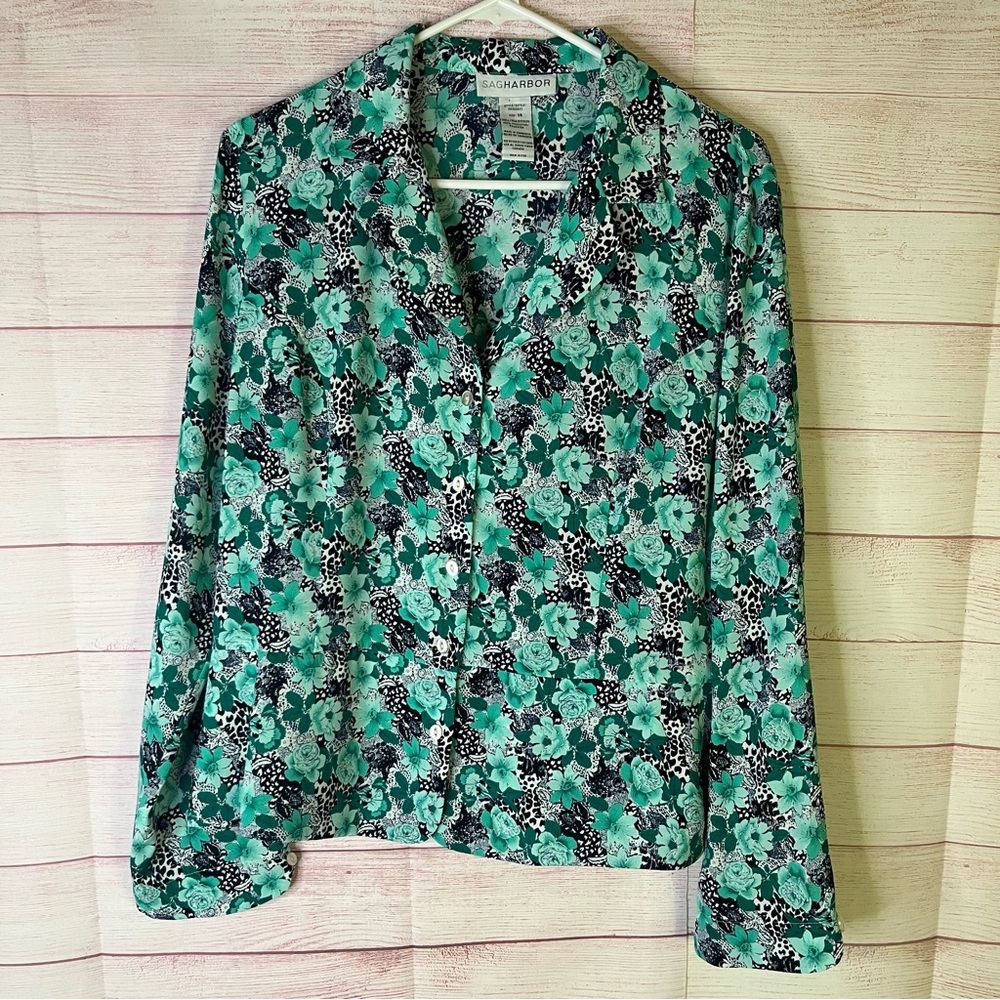 Sag Harbor Floral Print Long Sleeve Button Up Blouse Size 14